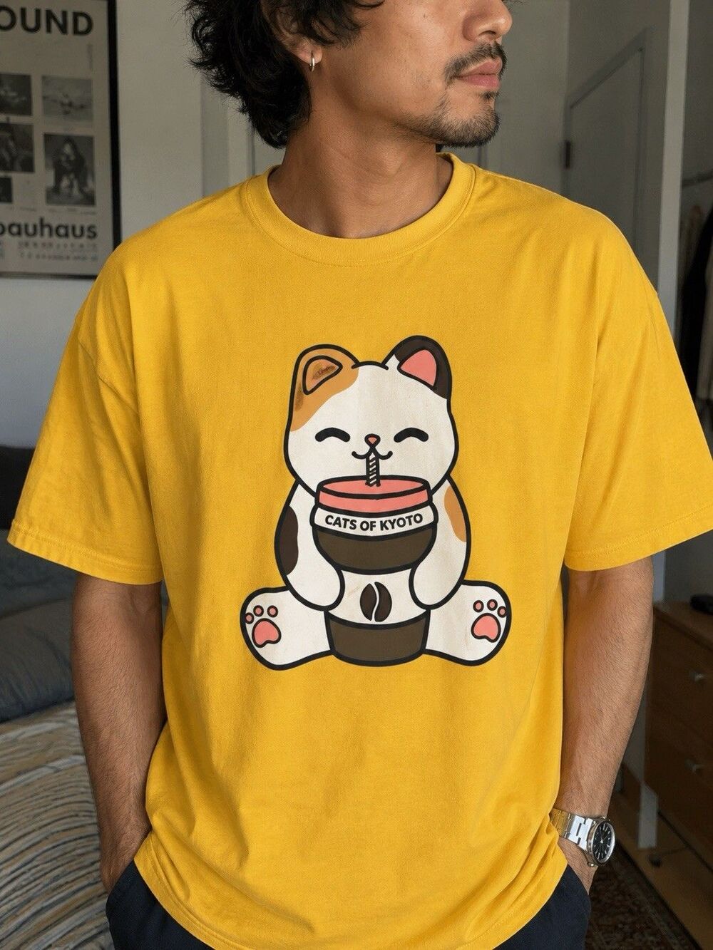 Cats of Kyoto Cat Coffee T Shirt Unisex XXL Yellow Kawaii Adorable Graphic Tee
